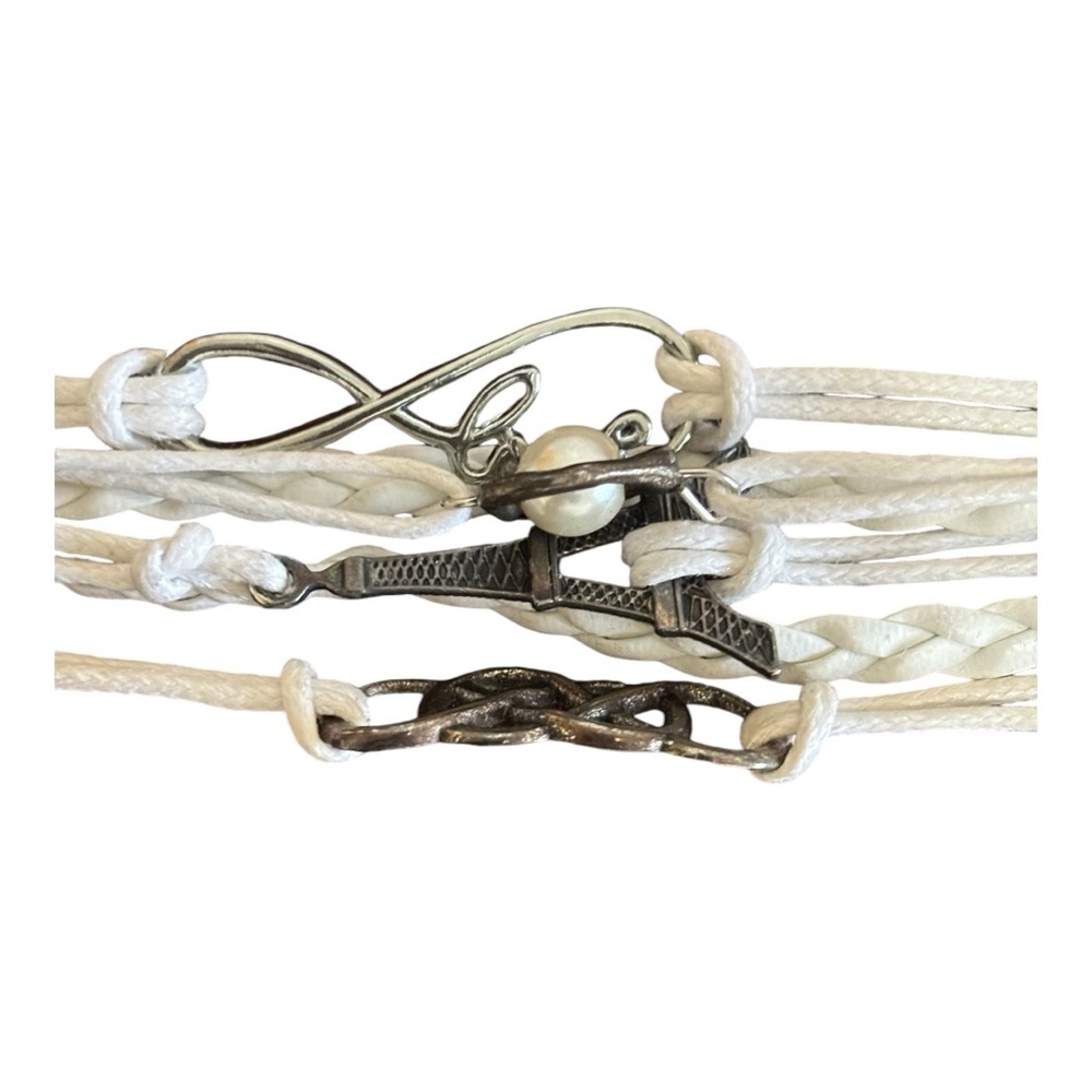 Braided/Strand 7.25"-8.75"6-in-1 Wristband with Charms Women's White/Silver-Tone - Picture 7 of 15